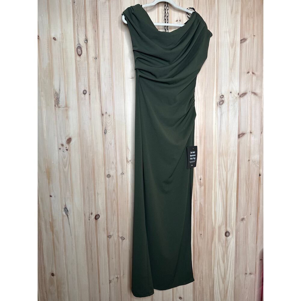 NWT Lulus Janine Dark Olive Green Asymmetrical Maxi Dress Bridesmaid Gala Size L - Picture 2 of 8